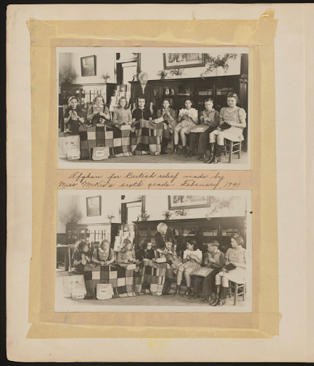 Scrapbook images of children working on afghans in 1942 