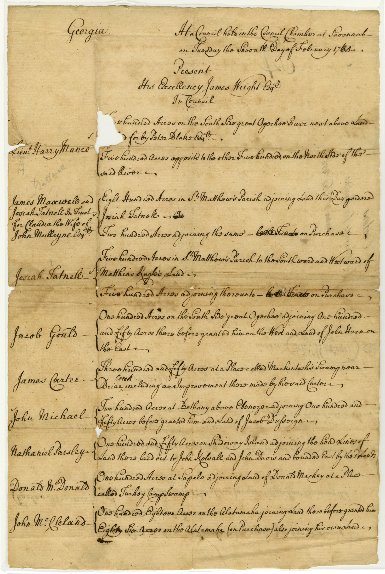 Yellowed and torn historic document of a council meeting in Georgia in 1766