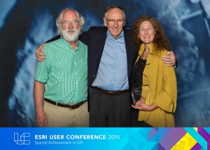 Tommy Jordan, Jack Dangermond (President of ESRI) and Sarah Ross at the award ceremony