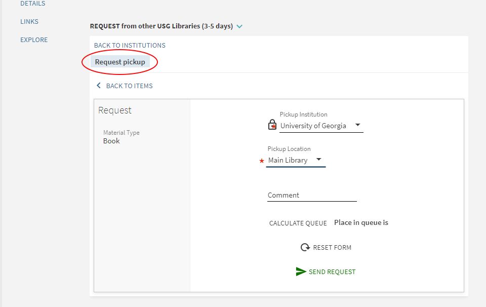 Screen shot with "request pickup" button highlighted