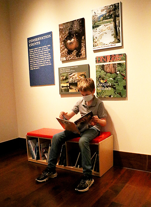 Boy reads a book for children in front of an exhibit about conservation