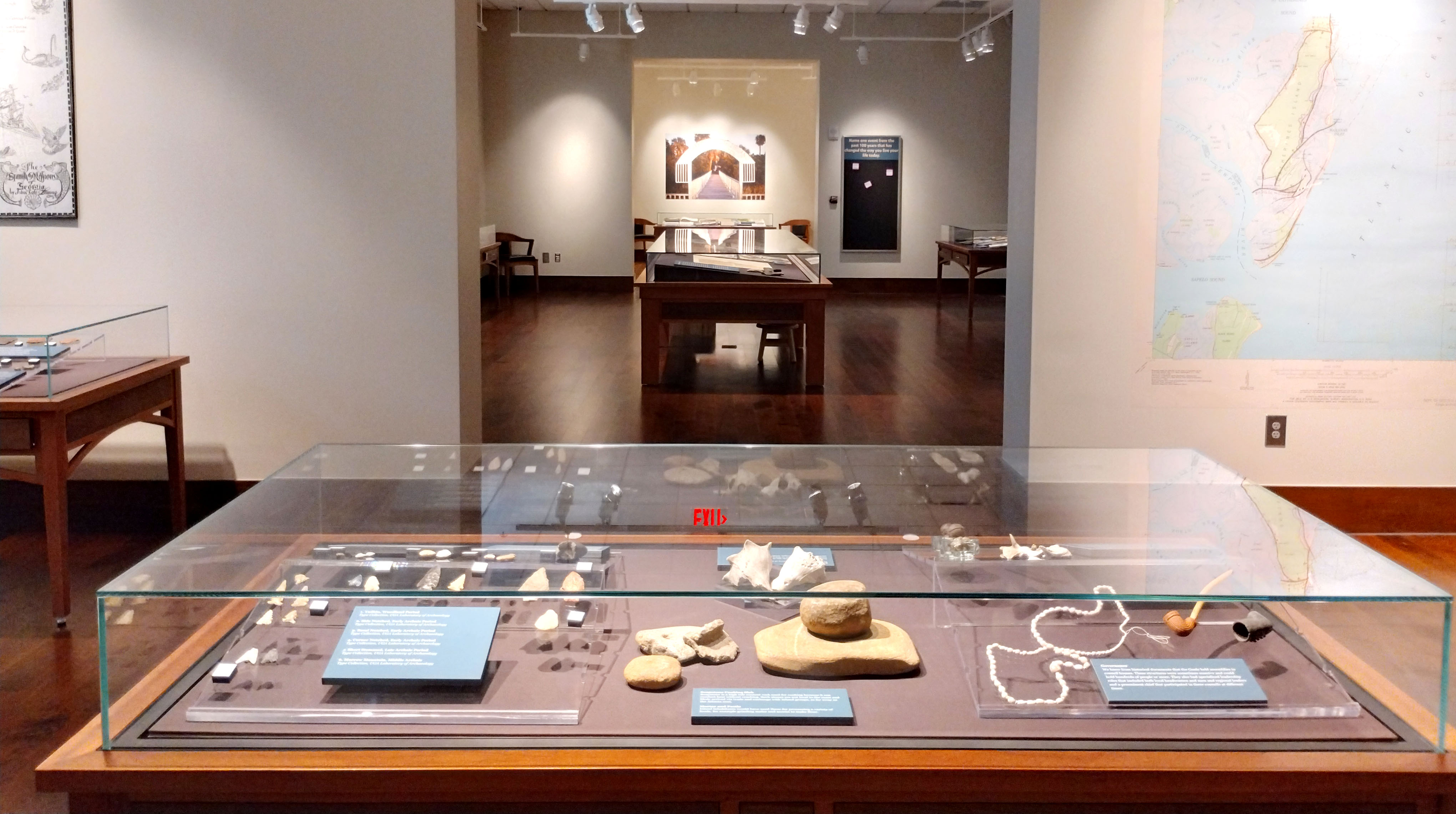 An exhibit at the UGA Special Collections Libraries features pottery, shell tools, and other relics found during archaeological digs on St. Catherines Island.