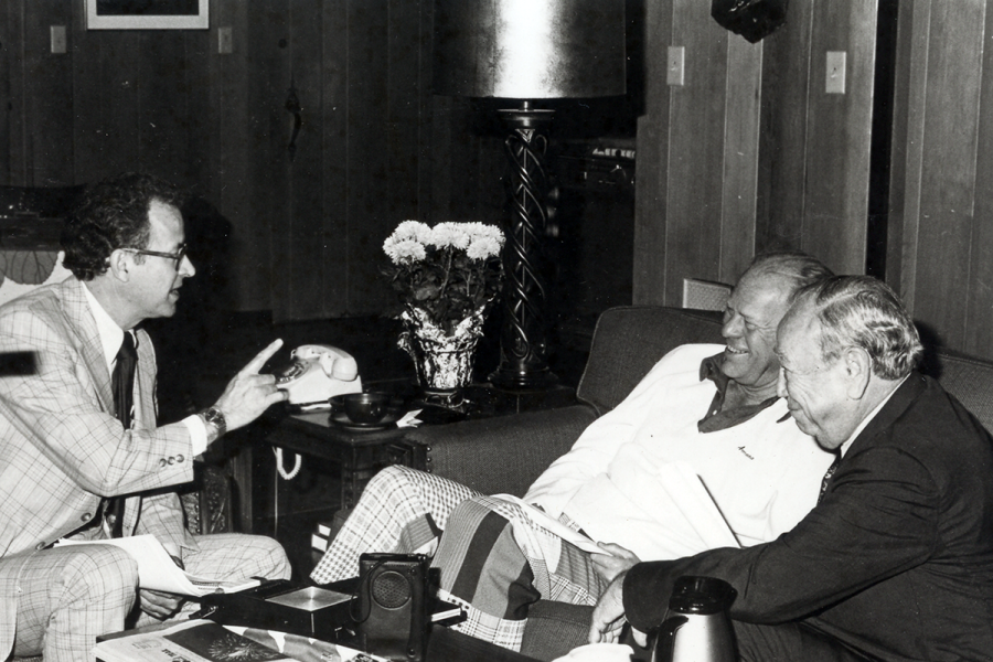 Hugh Cates, a public relations manager at Southern Bell and Secretary of the Russell Foundation from 1977 to 1981, interviewing President Gerald R. Ford for the Richard B. Russell, Jr. Oral History Project. Former U.S. Representative and Chair of the Russell Foundation Phil Landrum looks on, July 1978.
