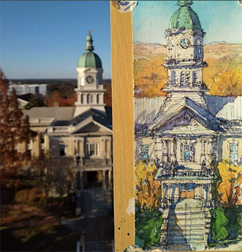 Sketch and photo of Athens City Hall
