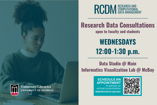 Decorative image featuring RCDM research data consultations, dates, times, and locations. QR code for scheduling an appointment.