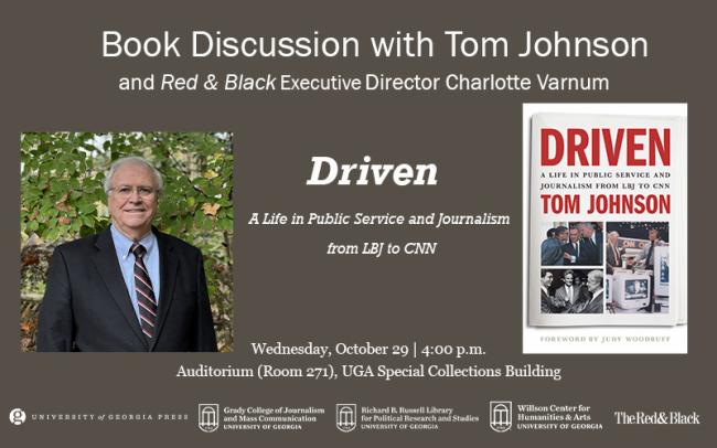 Image of Tom Johnson wearing a suit. Image of Driven book cover. Logos of co-sponsors.