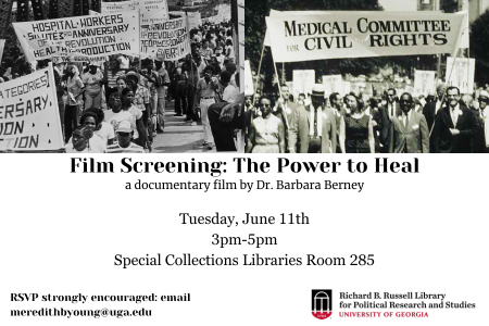 Documentary film "The Power to Heal" graphic with black and white photos from the Civil Right Movement Medical Committee