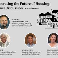 Graphic featuring speakers photo and infographic of housing.
