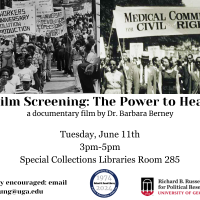 Documentary film "The Power to Heal" graphic with black and white photos from the Civil Right Movement Medical Committee
