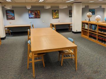 A large table for individual or group study in a cozy room with bookshelves and globes