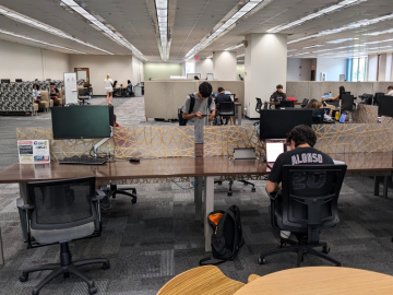 People sit at desks with computers, with decorative dividers between them